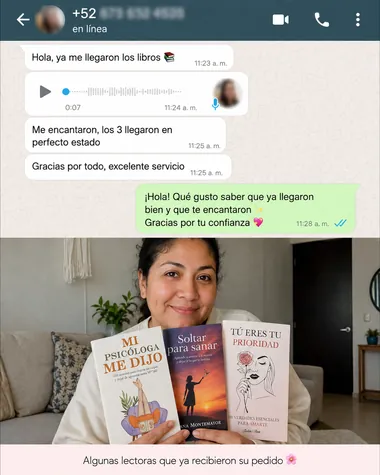 Mensaje de WhatsApp de Lectora feliz mostrando su libro recibido